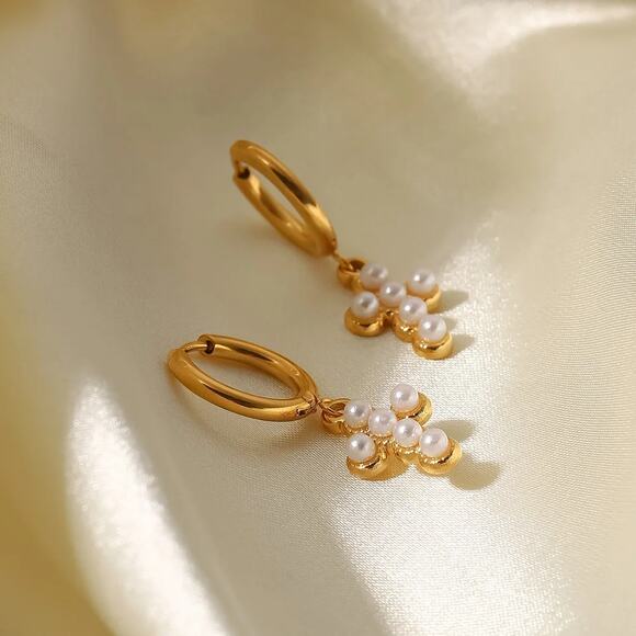 Pearl Cross Dangle Hoop Earrings 18K Gold‎ Plated Stainless Steel - Picture 2 of 7